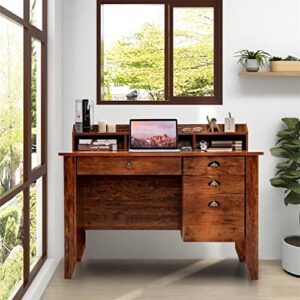 MJWDP Computer Desk PC Laptop Writing Desk Workstation Antique Brown Desk with Drawers and Shelves