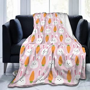 Rabbit and Carrot Throw Blanket Soft Warm Cozy Lightweight Blankets Cute Easter Bunny Flannel Blanket for Sofa Couch Bed Office Holiday Decorative 50"X40"