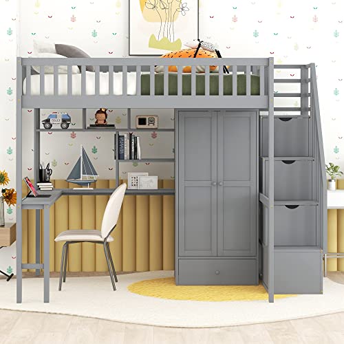 DEINPPA Full Size Loft Bed with Desk and Wardrobe, Wooden Loft Bed Frame with Drawers and Shelves, for Boys Girls Teens Kids, No Box Spring Needed