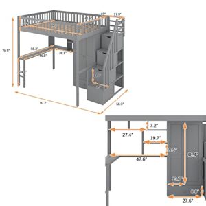 DEINPPA Full Size Loft Bed with Desk and Wardrobe, Wooden Loft Bed Frame with Drawers and Shelves, for Boys Girls Teens Kids, No Box Spring Needed