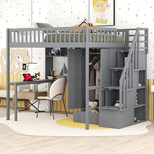 DEINPPA Full Size Loft Bed with Desk and Wardrobe, Wooden Loft Bed Frame with Drawers and Shelves, for Boys Girls Teens Kids, No Box Spring Needed