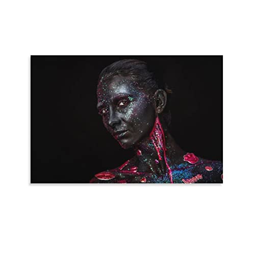 Elegant Woman Canvas Wall Art Eyes Closed, Black Face Art Prints with Paint Makeup Art Poster Canvas Painting Posters And Prints Wall Art Pictures for Living Room Bedroom Decor 16x24inch(40x60cm) Unf