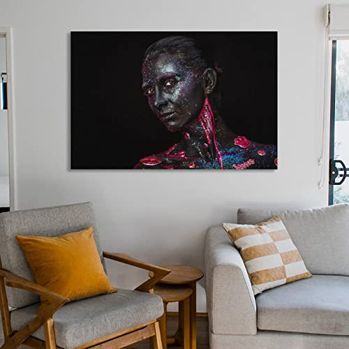 Elegant Woman Canvas Wall Art Eyes Closed, Black Face Art Prints with Paint Makeup Art Poster Canvas Painting Posters And Prints Wall Art Pictures for Living Room Bedroom Decor 16x24inch(40x60cm) Unf