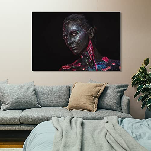 Elegant Woman Canvas Wall Art Eyes Closed, Black Face Art Prints with Paint Makeup Art Poster Canvas Painting Posters And Prints Wall Art Pictures for Living Room Bedroom Decor 16x24inch(40x60cm) Unf