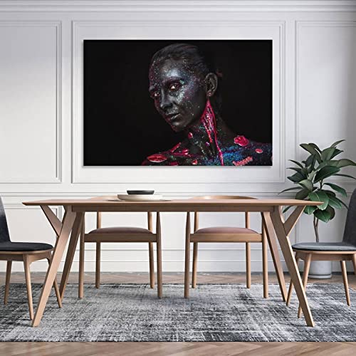 Elegant Woman Canvas Wall Art Eyes Closed, Black Face Art Prints with Paint Makeup Art Poster Canvas Painting Posters And Prints Wall Art Pictures for Living Room Bedroom Decor 16x24inch(40x60cm) Unf