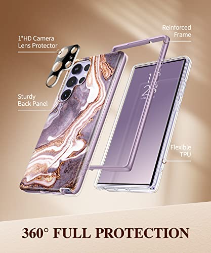 GVIEWIN Marble Bundle - Compatible with Samsung Galaxy S23 Ultra 6.8 Inch [No Built-in Screen Protector] + Phone Ring Holder (Burgundy/Gold) (2 Items Bundle)