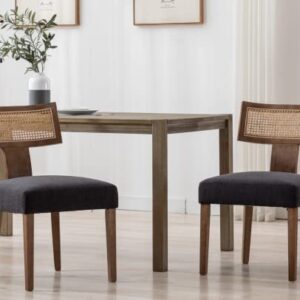 CIMOTA Upholstered Rattan Dining Chairs Set of 2 Mid Century Modern Kitchen & Dining Room Chairs Linen Farmhouse Armless Side Chair with Wood Frame/Curved Backrest, Charcoal