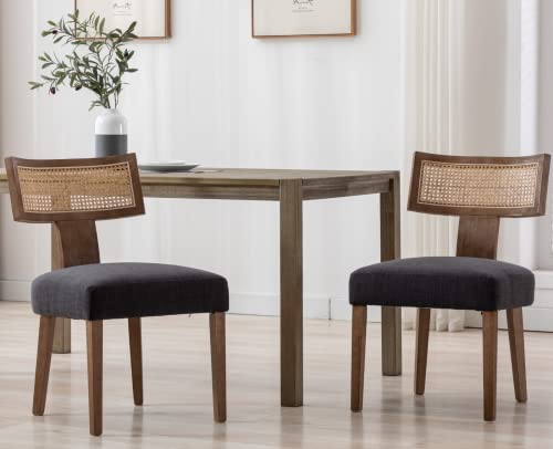 CIMOTA Upholstered Rattan Dining Chairs Set of 2 Mid Century Modern Kitchen & Dining Room Chairs Linen Farmhouse Armless Side Chair with Wood Frame/Curved Backrest, Charcoal