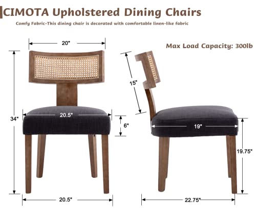 CIMOTA Upholstered Rattan Dining Chairs Set of 2 Mid Century Modern Kitchen & Dining Room Chairs Linen Farmhouse Armless Side Chair with Wood Frame/Curved Backrest, Charcoal