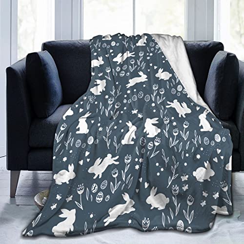 JSHXJBWR Cute Easter Seamless Bunnies Flowers Easter Eggs Throw Blanket Warm Cozy Lightweight Blankets Easter Rabbit Flannel Blanket for Sofa Couch Bed Office Holiday Decorative 60"X50"