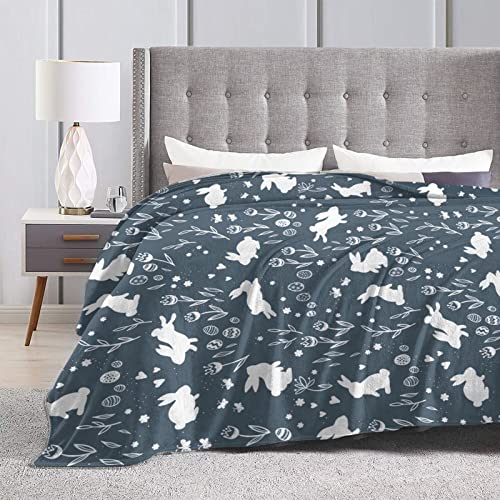 JSHXJBWR Cute Easter Seamless Bunnies Flowers Easter Eggs Throw Blanket Warm Cozy Lightweight Blankets Easter Rabbit Flannel Blanket for Sofa Couch Bed Office Holiday Decorative 60"X50"