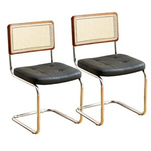 qqxx rattan dining chairs set of 2,mid century modern kitchen & dining room chair with cane backrest,comfy leather upholstered accent desk chair with metal legs(23.83" d x 16.35" w x 34.07" h, black)