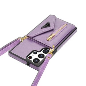 SZHAIYU Flip Leather Wallet Cover for Samsung Galaxy S23 Ultra 5G Crossbody Case with Credit Card Holder Strap Lanyard 6.8'', Women Girl Purse Kickstand (Purple,S23 Ultra)