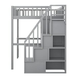 Harper & Bright Designs Full Size Loft Bed with Desk, Wood Loft Bed Frame with Wardrobe, Bookshelf and Drawers, Gray