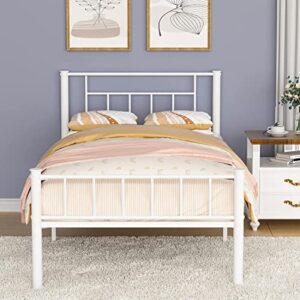 4 ever winner twin platform bed frame with headboard, twin bed frames 14 inch, heavy duty steel salt twin metal bed frames, no box spring needed, mattress foundation, anti-slip (white twin bed)