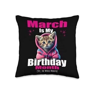 birthday party cat kitten design march, yep the whole month kitten birthday throw pillow, 16x16, multicolor