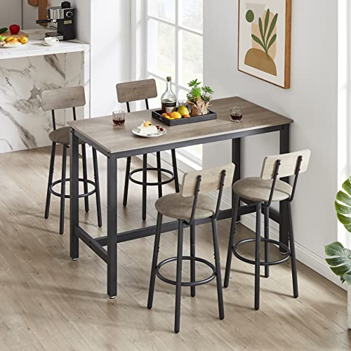 ODUWA Bar Table and Chairs Set for 4，5 Pieces Counter Height Bistro Pub Table with 4 Stools PU Upholstered High Top Dining Table and Chairs Set for Kitchen Breakfast Nook,Small Spaces,Restaurant(Grey)