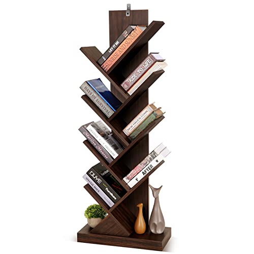 Tree Bookshelf, 8 Shelf Tree Bookcase, Space Saving Storage Rack for CDs/Movies/Books, Book Tree Organizer Shelves for Living Room, Bedroom, Office, Maxi Load 26lbs(/Tier)