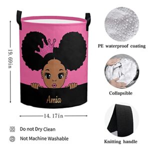 Personalized Custom Cute Girl Black Pink Laundry Basket Collapsible Large Sized Clothes Hamper with Knitting Handles for Baby Girls Boys Kids Nursery Clothes Things