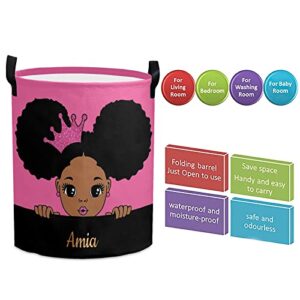 Personalized Custom Cute Girl Black Pink Laundry Basket Collapsible Large Sized Clothes Hamper with Knitting Handles for Baby Girls Boys Kids Nursery Clothes Things