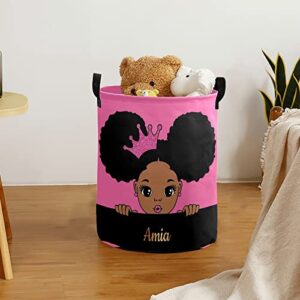 Personalized Custom Cute Girl Black Pink Laundry Basket Collapsible Large Sized Clothes Hamper with Knitting Handles for Baby Girls Boys Kids Nursery Clothes Things