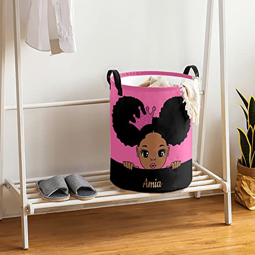 Personalized Custom Cute Girl Black Pink Laundry Basket Collapsible Large Sized Clothes Hamper with Knitting Handles for Baby Girls Boys Kids Nursery Clothes Things