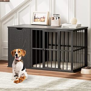 dog crate furniture end table, wooden dog kennel with cushion, decorative pet crate house cage indoor for small medium dogs, black