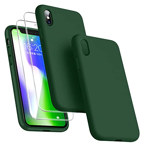 Dssairo [3 in 1 for iPhone x Case/iPhone Xs case, with 2 Pack Screen Protector, Liquid Silicone Slim Shockproof Protective Phone Case 5.8 inch [Microfiber Lining] (Alpine Green)