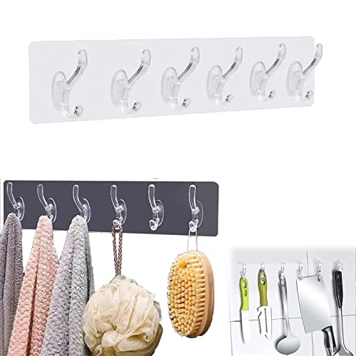 XGBYR Multifunctional Transparent 6 Hooks,Transparent Wall Hooks,Clear Plastic Hooks Self Adhesive,Heavy Duty Self Adhesive Hooks,Adhesive Row Hooks,Drill-Free Wall Hooks (1SET)