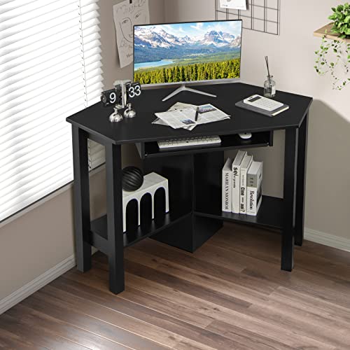 IFANNY Corner Computer Desk, Triangle Corner Desk with Keyboard Tray and Storage Shelves, Compact Corner Writing Desk, Work Desk for Home Office, Small Corner Desks for Small Spaces(Black)