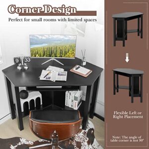 IFANNY Corner Computer Desk, Triangle Corner Desk with Keyboard Tray and Storage Shelves, Compact Corner Writing Desk, Work Desk for Home Office, Small Corner Desks for Small Spaces(Black)