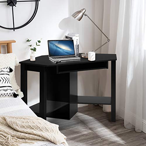 IFANNY Corner Computer Desk, Triangle Corner Desk with Keyboard Tray and Storage Shelves, Compact Corner Writing Desk, Work Desk for Home Office, Small Corner Desks for Small Spaces(Black)