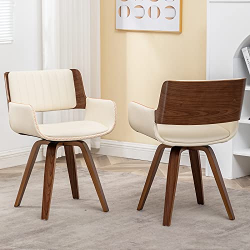 LUNLING Swivel Accent Faux Leather Dining Chairs Set of 2, Mid Century Modern Chairs with Wooden Legs/Armrest/Upholstered Seat/Adjustable Foots for Kitchen Dining Room Desk Chairs(Beige)