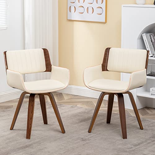 LUNLING Swivel Accent Faux Leather Dining Chairs Set of 2, Mid Century Modern Chairs with Wooden Legs/Armrest/Upholstered Seat/Adjustable Foots for Kitchen Dining Room Desk Chairs(Beige)