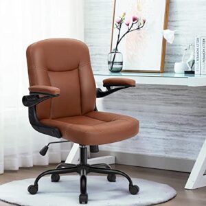 seatzone office chair mid back desk chair lumbar support desk chairs with wheels and flip-up armrest adjustable pu leather computer chair backward tilt,camel