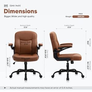 SEATZONE Office Chair Mid Back Desk Chair Lumbar Support Desk Chairs with Wheels and Flip-up Armrest Adjustable PU Leather Computer Chair Backward Tilt,Camel