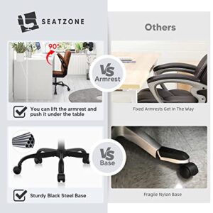 SEATZONE Office Chair Mid Back Desk Chair Lumbar Support Desk Chairs with Wheels and Flip-up Armrest Adjustable PU Leather Computer Chair Backward Tilt,Camel