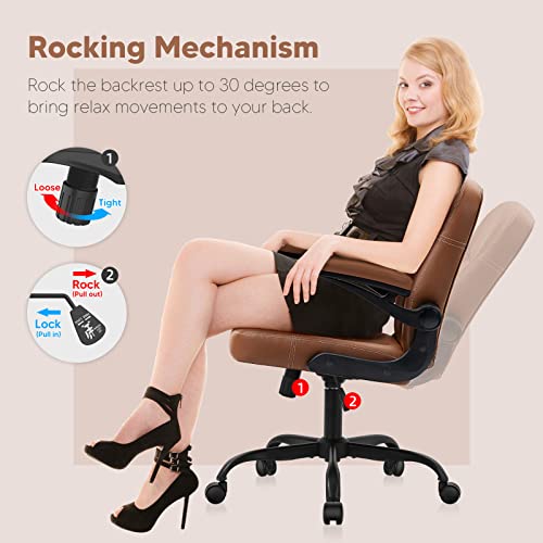 SEATZONE Office Chair Mid Back Desk Chair Lumbar Support Desk Chairs with Wheels and Flip-up Armrest Adjustable PU Leather Computer Chair Backward Tilt,Camel