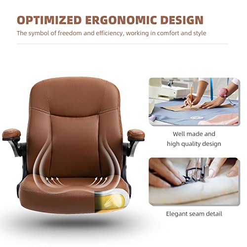 SEATZONE Office Chair Mid Back Desk Chair Lumbar Support Desk Chairs with Wheels and Flip-up Armrest Adjustable PU Leather Computer Chair Backward Tilt,Camel