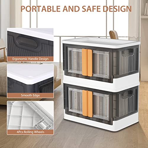 TeqHome Upgraded Storage Bins with Lids, Plastic Collapsible Storage Bins W/Dual Door & Wheels, 8.4Gal Folding Stackable Wardrobe Closet Organizer, Multifunctional Storage Box for Home Office, 2Pack