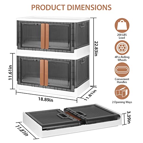 TeqHome Upgraded Storage Bins with Lids, Plastic Collapsible Storage Bins W/Dual Door & Wheels, 8.4Gal Folding Stackable Wardrobe Closet Organizer, Multifunctional Storage Box for Home Office, 2Pack