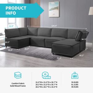 CECER U Shaped Modular Sectional Sofa, L Shaped Convertible Couch Sofa, Queen Sleeper Sofa, Variable Modular Oversized Couches for Living Room, Dark Grey