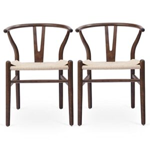 LETRA Wishbone Chairs Set of 2, Ash Wood Wishbone Dining Chair with Y Backrests Woven Paper Cord Seats, Mid Century Modern Chairs for Dining Room Fully-Assembled, Wooden Dining Chairs, Walnut