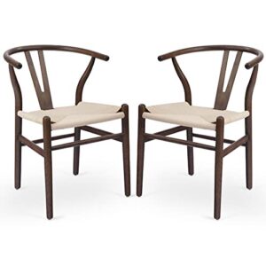 letra wishbone chairs set of 2, ash wood wishbone dining chair with y backrests woven paper cord seats, mid century modern chairs for dining room fully-assembled, wooden dining chairs, walnut