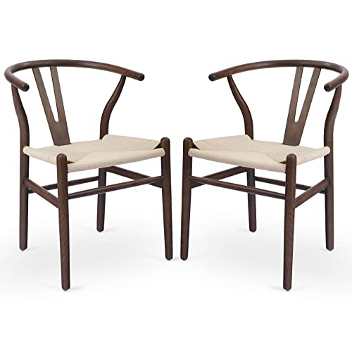 LETRA Wishbone Chairs Set of 2, Ash Wood Wishbone Dining Chair with Y Backrests Woven Paper Cord Seats, Mid Century Modern Chairs for Dining Room Fully-Assembled, Wooden Dining Chairs, Walnut