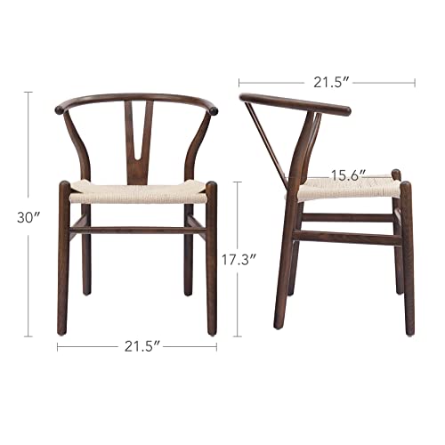 LETRA Wishbone Chairs Set of 2, Ash Wood Wishbone Dining Chair with Y Backrests Woven Paper Cord Seats, Mid Century Modern Chairs for Dining Room Fully-Assembled, Wooden Dining Chairs, Walnut