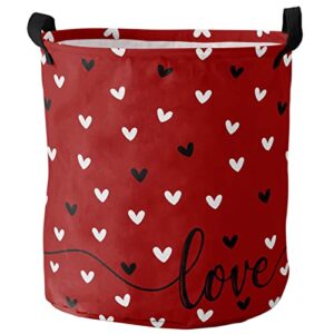 laundry baskets with handles love heart valentine's day waterproof freestanding laundry hamper, round collapsible hampers for bedroom, laundry, clothes, toys red black white 16.5x17inch