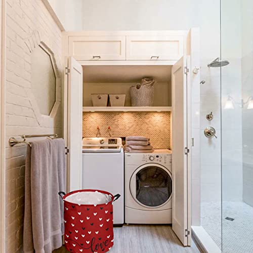 Laundry Baskets with Handles Love Heart Valentine's Day Waterproof Freestanding Laundry Hamper, Round Collapsible Hampers for Bedroom, Laundry, Clothes, Toys Red Black White 16.5x17inch