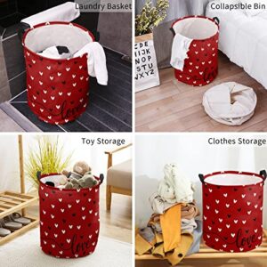 Laundry Baskets with Handles Love Heart Valentine's Day Waterproof Freestanding Laundry Hamper, Round Collapsible Hampers for Bedroom, Laundry, Clothes, Toys Red Black White 16.5x17inch