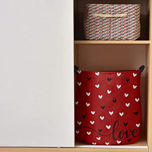 Laundry Baskets with Handles Love Heart Valentine's Day Waterproof Freestanding Laundry Hamper, Round Collapsible Hampers for Bedroom, Laundry, Clothes, Toys Red Black White 16.5x17inch